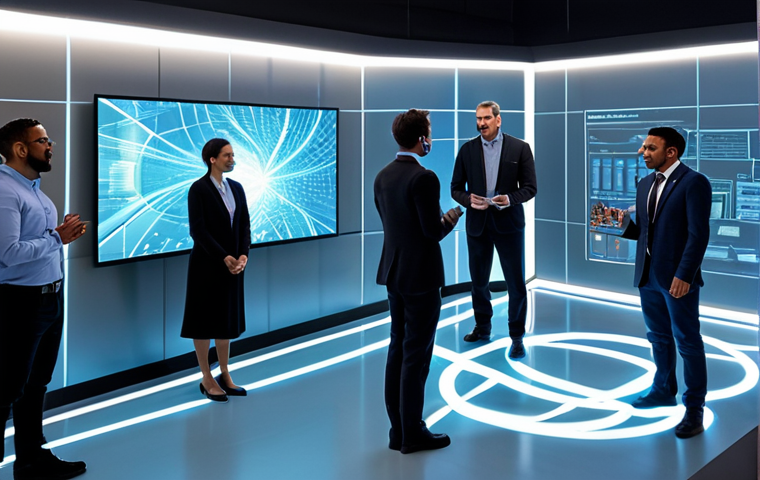 A diverse group of adult professionals, fully clothed in modest business attire, are actively engaged in a collaborative Mixed Reality training session within a sleek, modern, high-tech training room. They are interacting with holographic projections and virtual objects, demonstrating focused learning and teamwork. The environment features subtle glowing light effects from the MR elements. Professional photography, cinematic lighting, sharp focus, perfect anatomy, correct proportions, natural pose, well-formed hands, proper finger count, natural body proportions, safe for work, appropriate content, fully clothed, professional dress, modest attire, family-friendly.