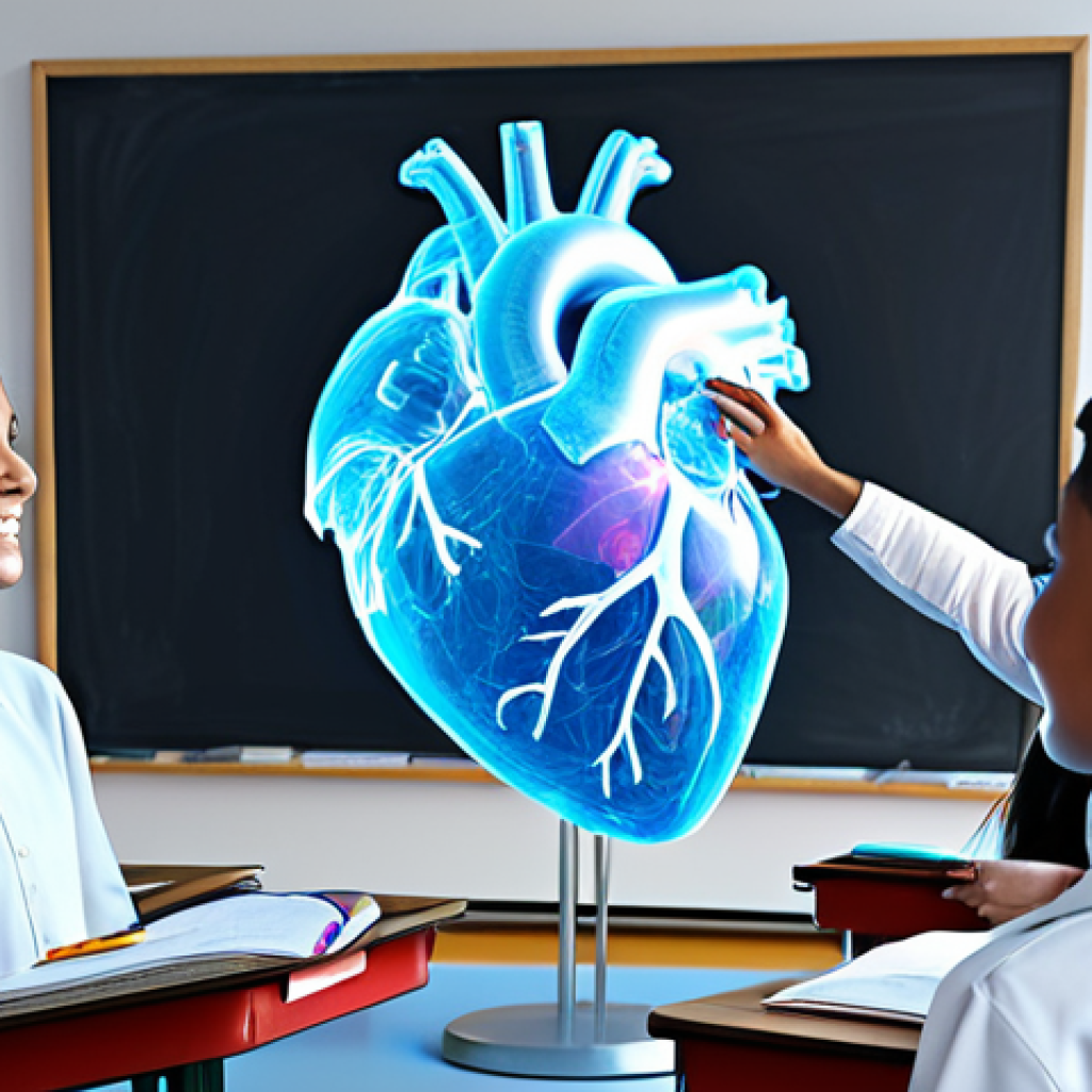 Interactive Science Lesson**
"A diverse group of fully clothed students wearing casual but appropriate attire are gathered around a holographic projection of a 3D human heart in a bright, modern classroom. The teacher, a kind woman in professional dress, is pointing to a specific part of the organ. Everyone is engaged and smiling. Safe for work, appropriate content, professional learning environment, perfect anatomy of the holographic heart, correct proportions of the students, well-lit, family-friendly."
**