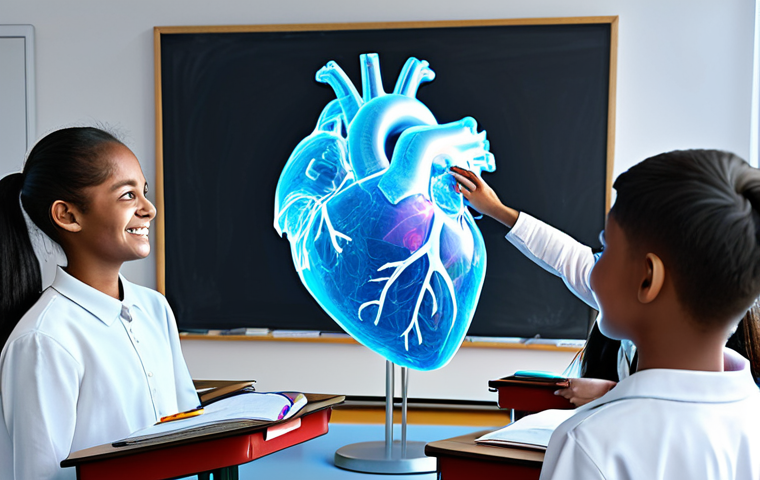 Interactive Science Lesson**
"A diverse group of fully clothed students wearing casual but appropriate attire are gathered around a holographic projection of a 3D human heart in a bright, modern classroom. The teacher, a kind woman in professional dress, is pointing to a specific part of the organ. Everyone is engaged and smiling. Safe for work, appropriate content, professional learning environment, perfect anatomy of the holographic heart, correct proportions of the students, well-lit, family-friendly."
**