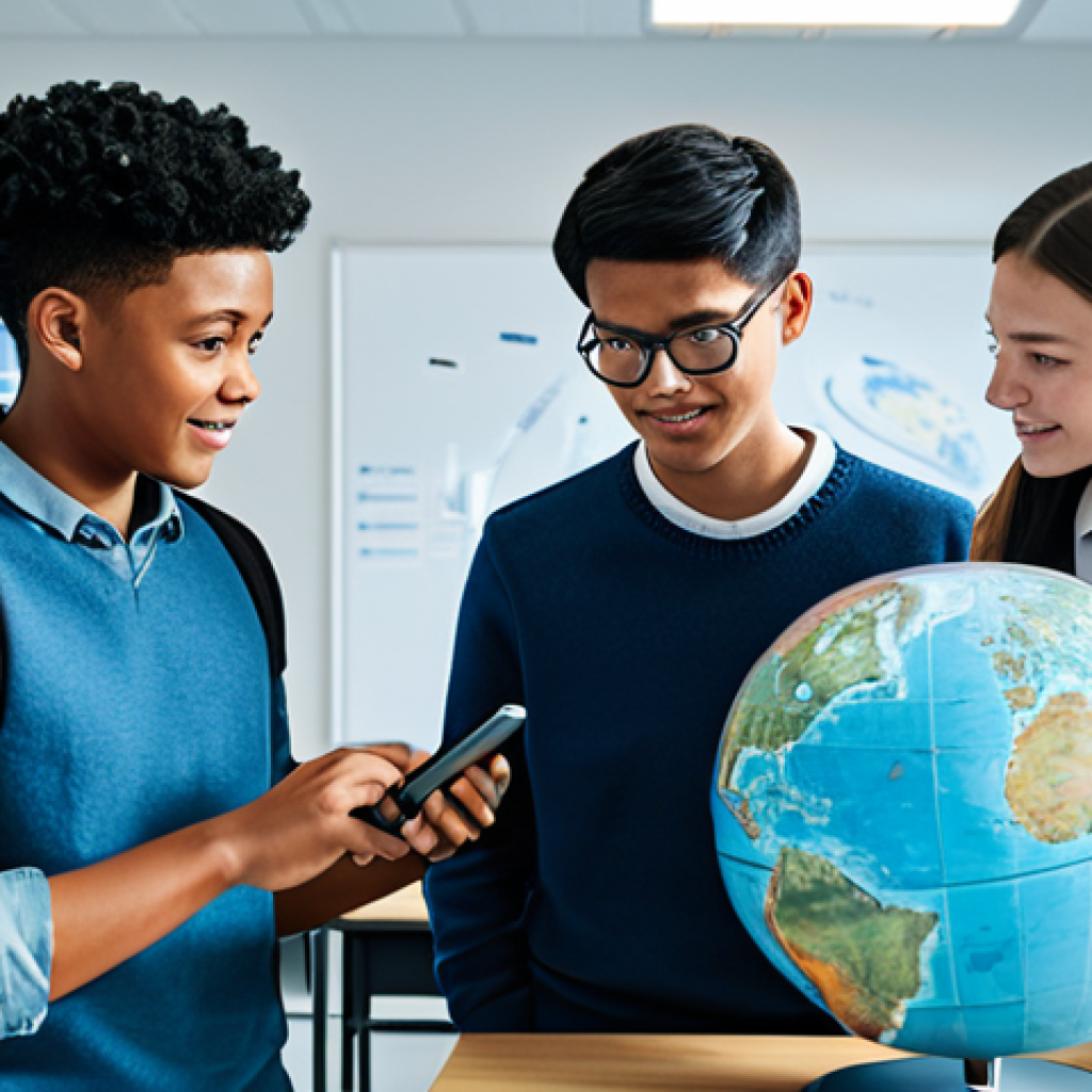 **Prompt:** A diverse group of fully clothed students from different countries collaborating on a mixed reality project, working around a virtual holographic globe, in a modern university classroom, appropriate attire, safe for work, perfect anatomy, correct proportions, family-friendly learning environment, high quality, professional illustration.