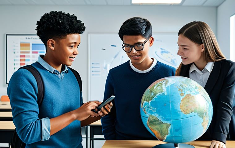 **Prompt:** A diverse group of fully clothed students from different countries collaborating on a mixed reality project, working around a virtual holographic globe, in a modern university classroom, appropriate attire, safe for work, perfect anatomy, correct proportions, family-friendly learning environment, high quality, professional illustration.