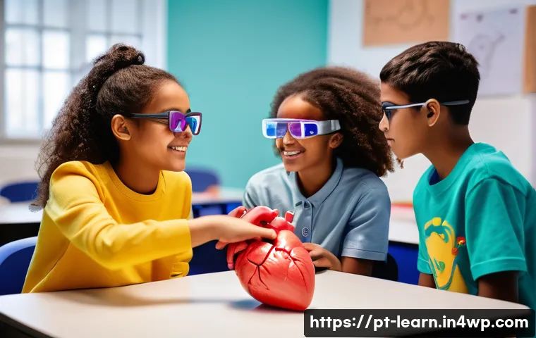 혼합현실 교육의 학습자 맞춤형 접근 - A diverse group of students wearing mixed reality glasses in a modern classroom setting in Brazil, i...