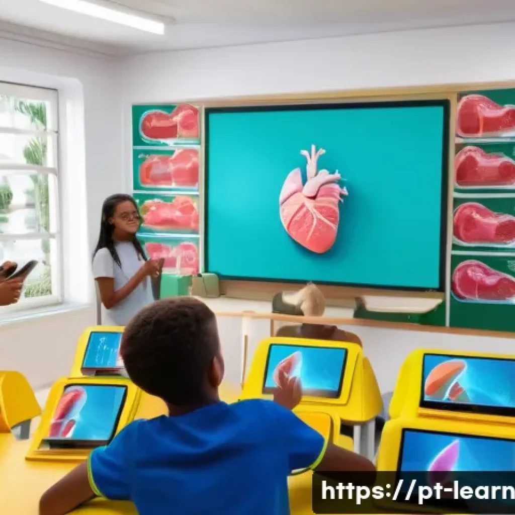 혼합현실 교육의 생태계 변화 - A modern classroom in a Brazilian school setting, featuring students wearing augmented reality glass...