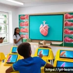 혼합현실 교육의 생태계 변화 - A modern classroom in a Brazilian school setting, featuring students wearing augmented reality glass...