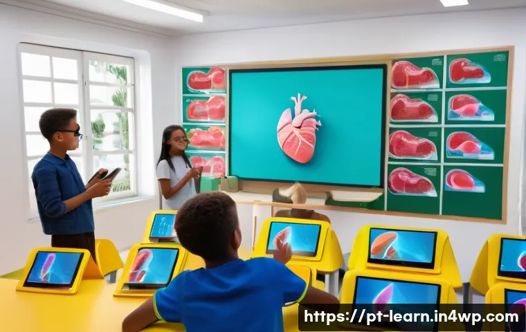 혼합현실 교육의 생태계 변화 - A modern classroom in a Brazilian school setting, featuring students wearing augmented reality glass...