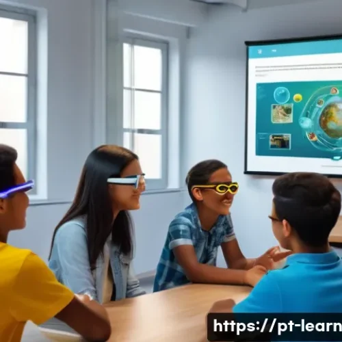 혼합현실 교육과 협업 학습의 시너지 - A diverse group of Brazilian students wearing casual clothing and digital AR glasses, interacting en...