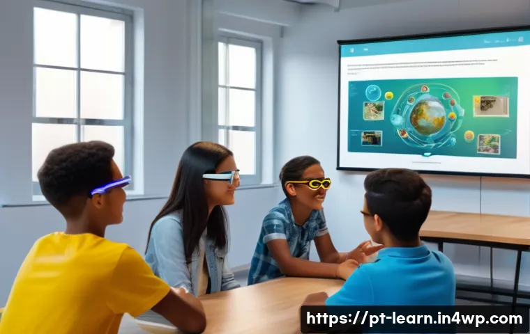 혼합현실 교육과 협업 학습의 시너지 - A diverse group of Brazilian students wearing casual clothing and digital AR glasses, interacting en...