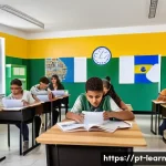 혼합현실 교육의 참여형 학습 모델 - A modern classroom scene in Brazil where diverse teenage students actively engage with mixed reality...