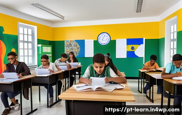 혼합현실 교육의 참여형 학습 모델 - A modern classroom scene in Brazil where diverse teenage students actively engage with mixed reality...