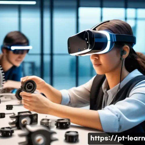 혼합현실 교육에서의 문제 중심 학습 - A modern classroom scene showcasing a diverse group of adult students wearing mixed reality headsets...