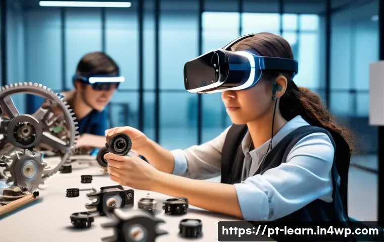 혼합현실 교육에서의 문제 중심 학습 - A modern classroom scene showcasing a diverse group of adult students wearing mixed reality headsets...