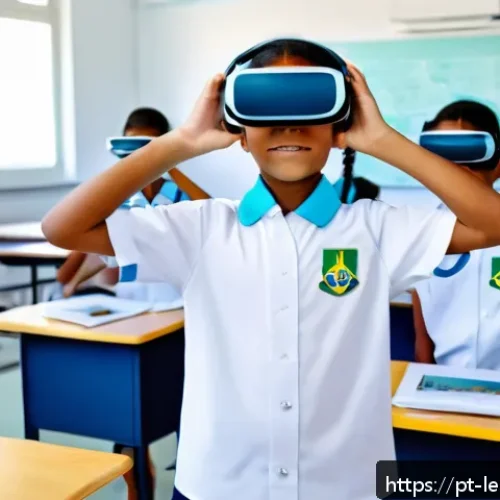 혼합현실 교육의 학습 진단 도구 - A modern Brazilian classroom featuring diverse students wearing school uniforms interacting with mix...