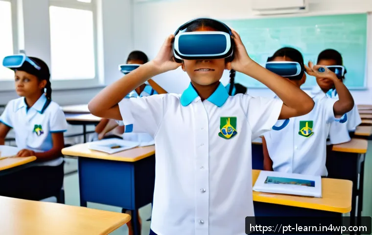 혼합현실 교육의 학습 진단 도구 - A modern Brazilian classroom featuring diverse students wearing school uniforms interacting with mix...