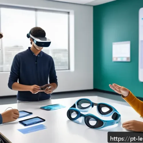 Home 30 혼합현실 교육을 위한 디자인 씽킹 접근법 - A modern classroom scene showing diverse students actively engaging with mixed reality headsets, int...