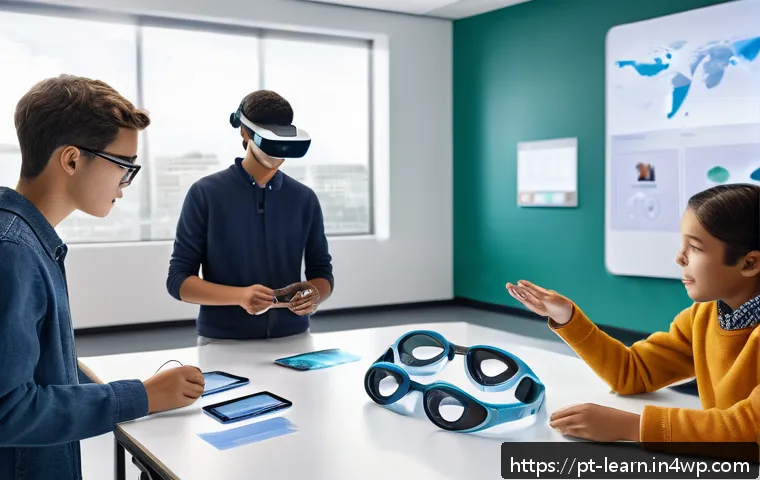 혼합현실 교육을 위한 디자인 씽킹 접근법 - A modern classroom scene showing diverse students actively engaging with mixed reality headsets, int...