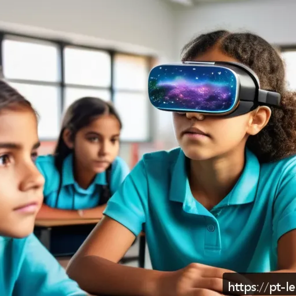 혼합현실 교육의 플랫폼 생태계 - A modern Brazilian classroom equipped with mixed reality technology, students wearing smart mixed re...