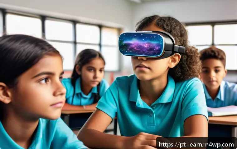 혼합현실 교육의 플랫폼 생태계 - A modern Brazilian classroom equipped with mixed reality technology, students wearing smart mixed re...