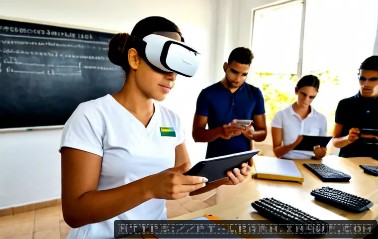Home 17 혼합현실 교육의 학습자 피드백 활용 - Photorealistic Brazilian vocational classroom, adult learners wearing sleek mixed reality headsets w...