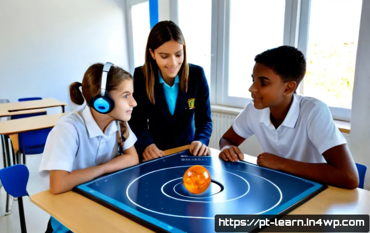Home 17 혼합현실 교육과 STEM 교육의 융합 - Photorealistic modern classroom in Portugal, diverse middle-school students wearing simple casual un...