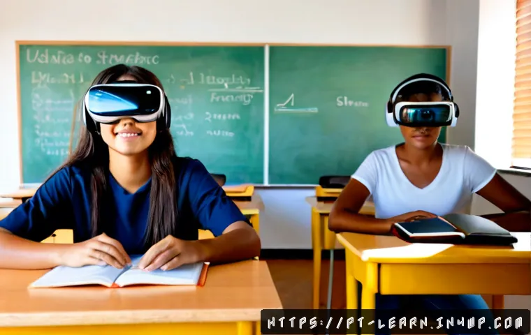 Home 17 혼합현실 교육과 가상현실의 차이점 - Photorealistic split-scene comparison in a bright modern Brazilian classroom: on the left, a univers...